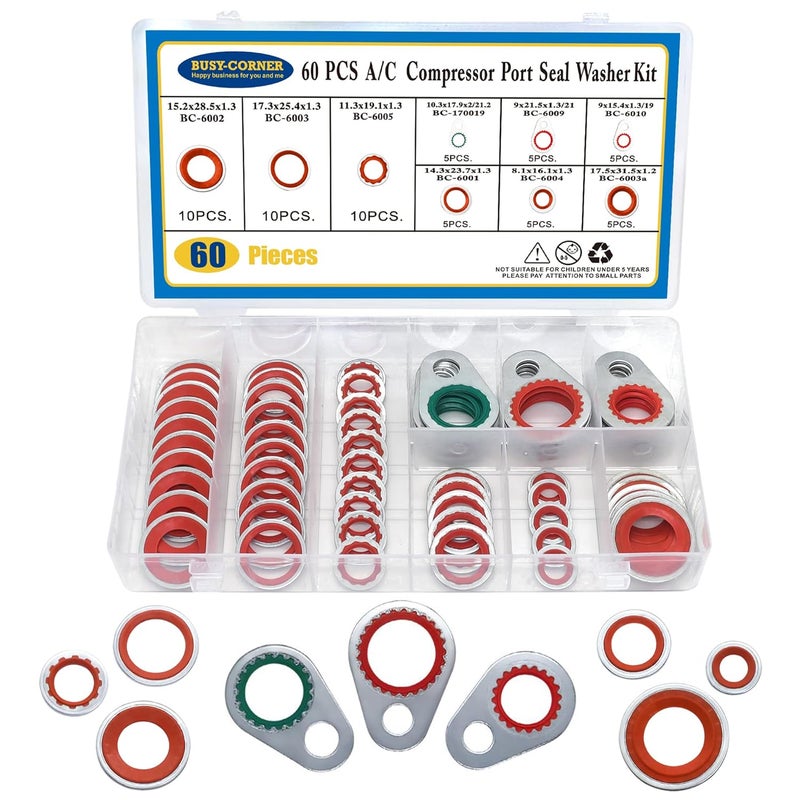BUSY-CORNER A/C System Compressor Gasket Seals Air Conditioning Compressor Port Seal Washer Kit 60 Pieces Gasket Bonded Seal Assortment - Image 1